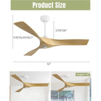 Ventilateur de plafond moderne de 132 cm (52 ​​pouces) en bois massif et ABS avec télécommande (sans éclairage), 6 vitesses de ventilation et flux d'air réversible.