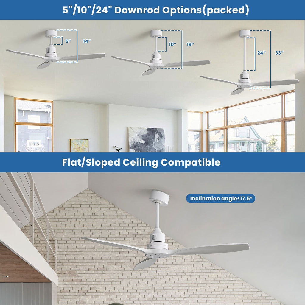 Ventilateur de plafond moderne de 132 cm (52 ​​pouces) en bois massif et ABS avec télécommande (sans éclairage), 6 vitesses de ventilation et flux d'air réversible.