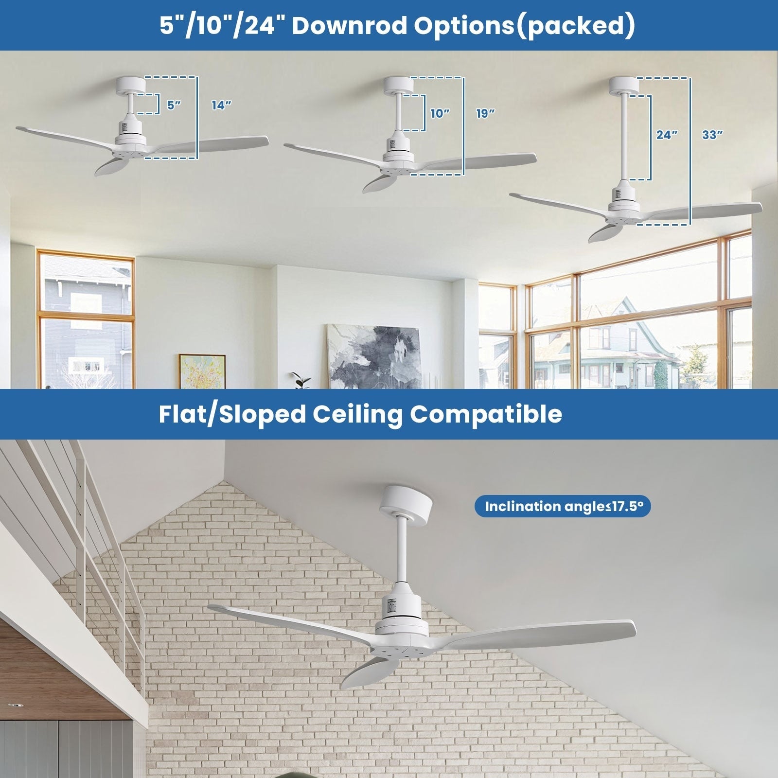 Ventilateur de plafond moderne de 132 cm (52 ​​pouces) en bois massif et ABS avec télécommande (sans éclairage), 6 vitesses de ventilation et flux d'air réversible.