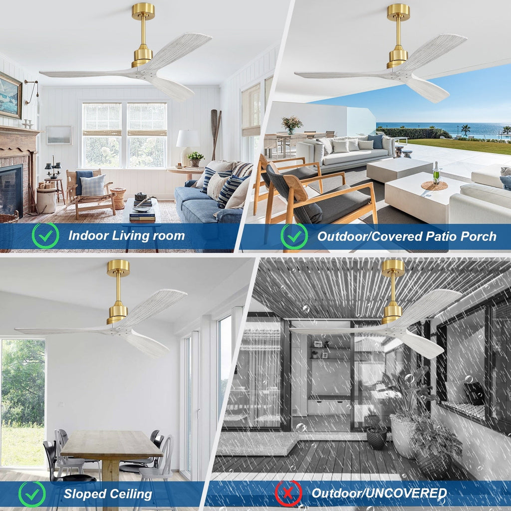 Ventilateur de plafond moderne de 132 cm (52 ​​pouces) en bois massif et ABS avec télécommande (sans éclairage), 6 vitesses de ventilation et flux d'air réversible.