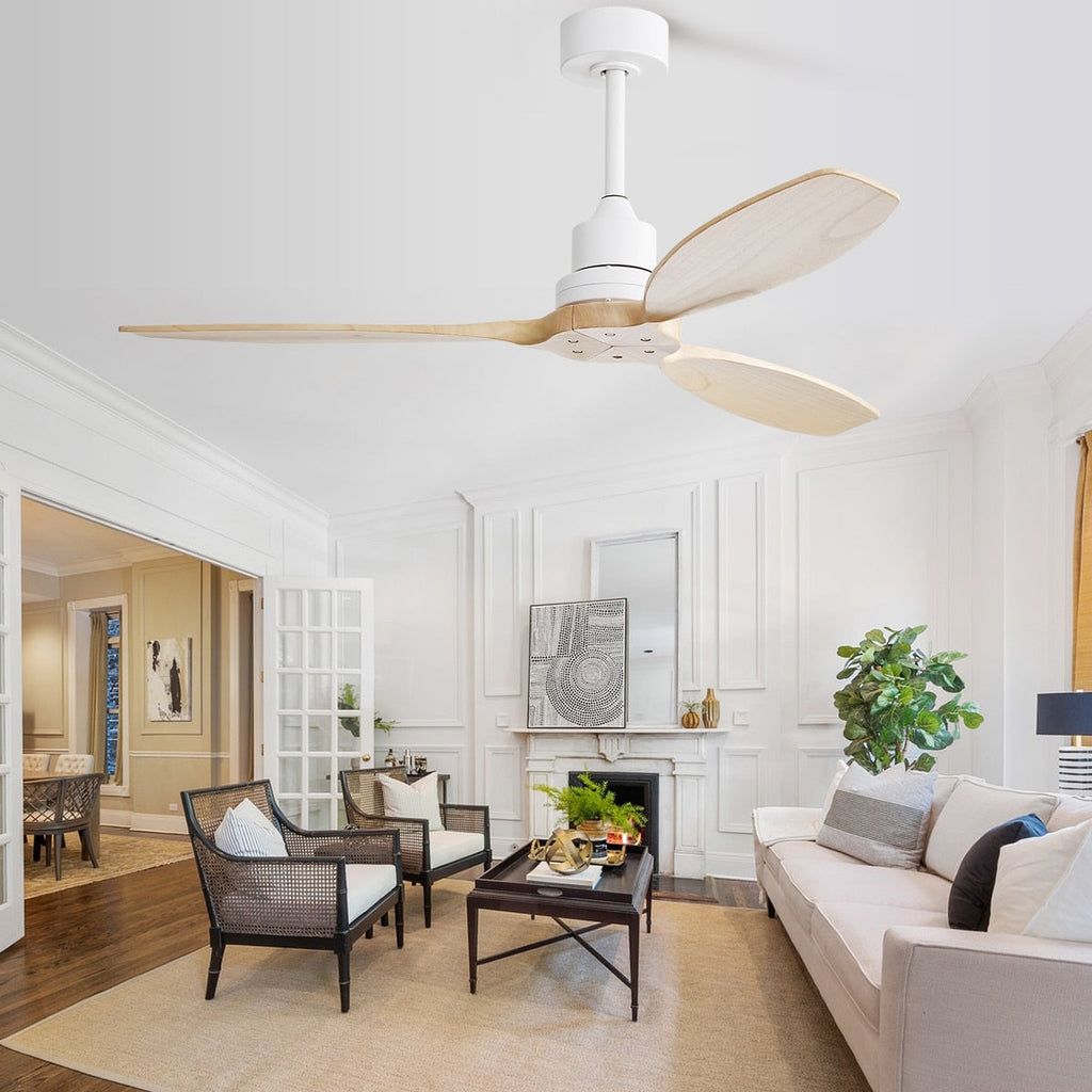 Ventilateur de plafond moderne de 132 cm (52 ​​pouces) en bois massif et ABS avec télécommande (sans éclairage), 6 vitesses de ventilation et flux d'air réversible.