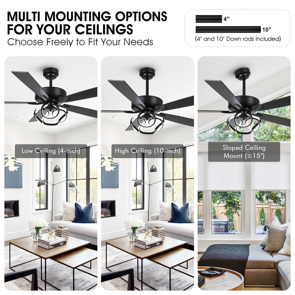 Ventilateur de plafond intérieur moderne chromé/noir de 52 pouces avec éclairage LED à intensité variable et télécommande