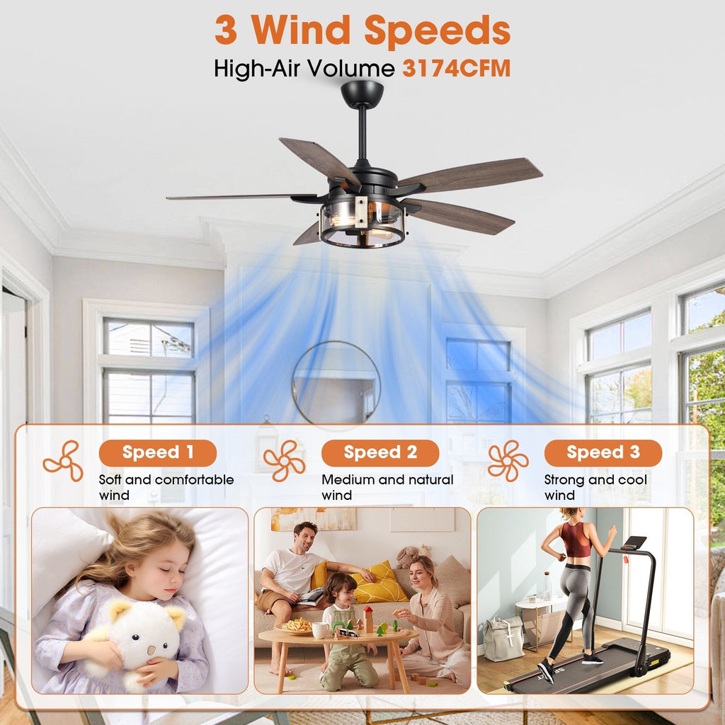 Ventilateur de plafond d'intérieur rustique en bois noir à 5 pales de 52 pouces avec télécommande