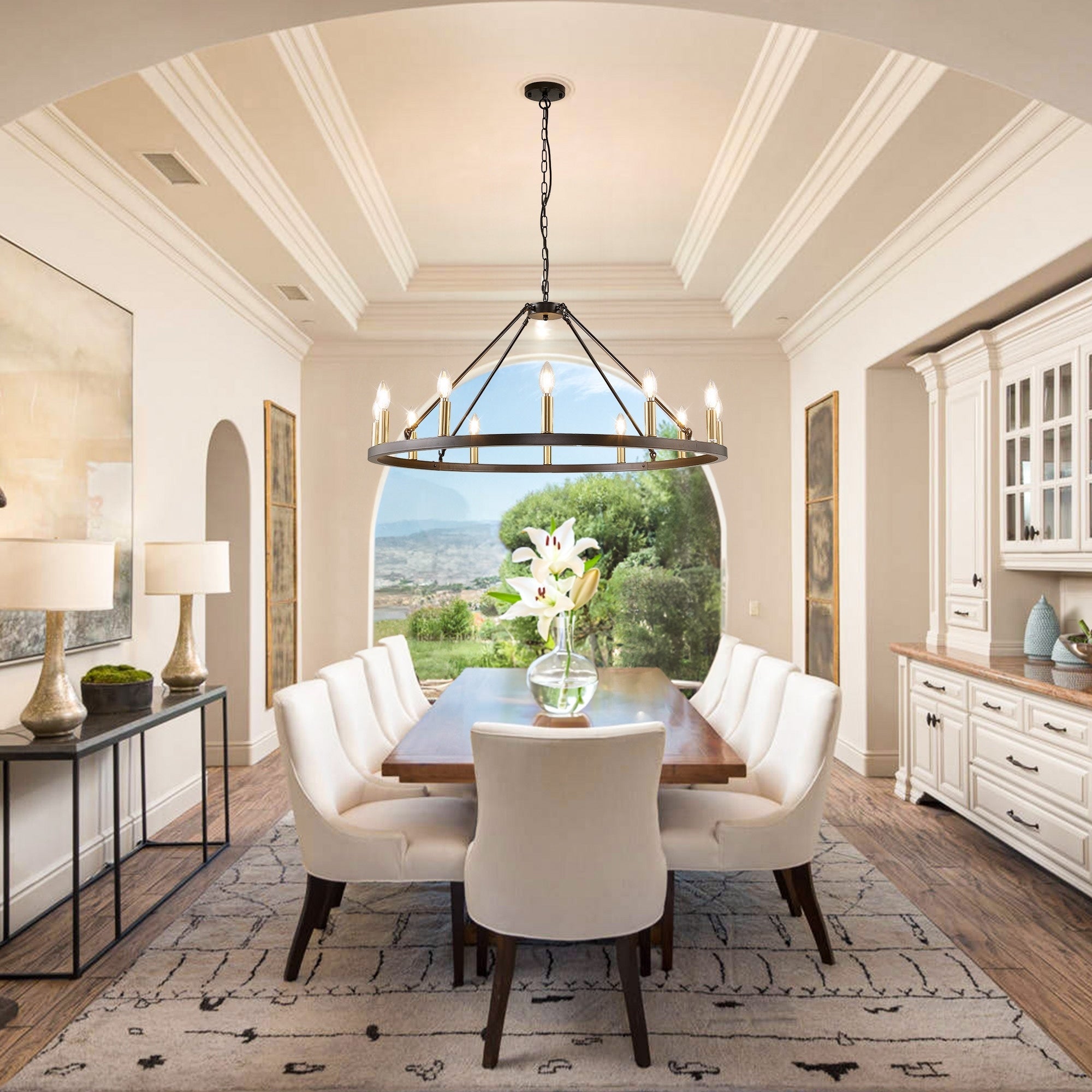 Lustre rond de 54 pouces en forme de roue de chariot avec 24 lumières