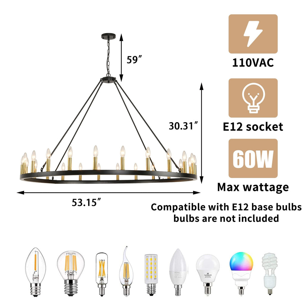 Lustre rond de 54 pouces en forme de roue de chariot avec 24 lumières