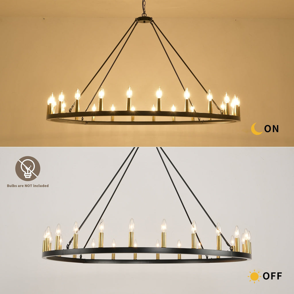 Lustre rond de 54 pouces en forme de roue de chariot avec 24 lumières