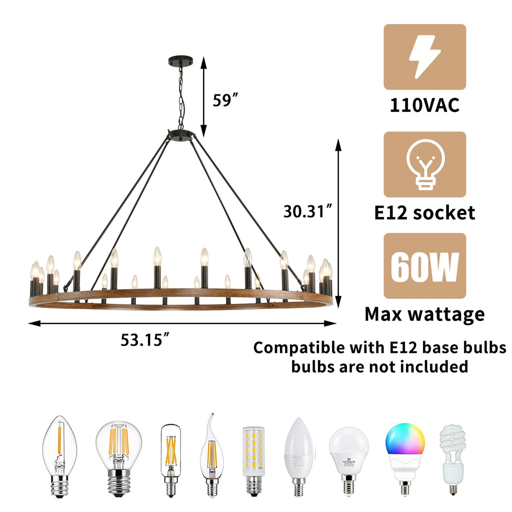 Lustre rond de 54 pouces en forme de roue de chariot avec 24 lumières