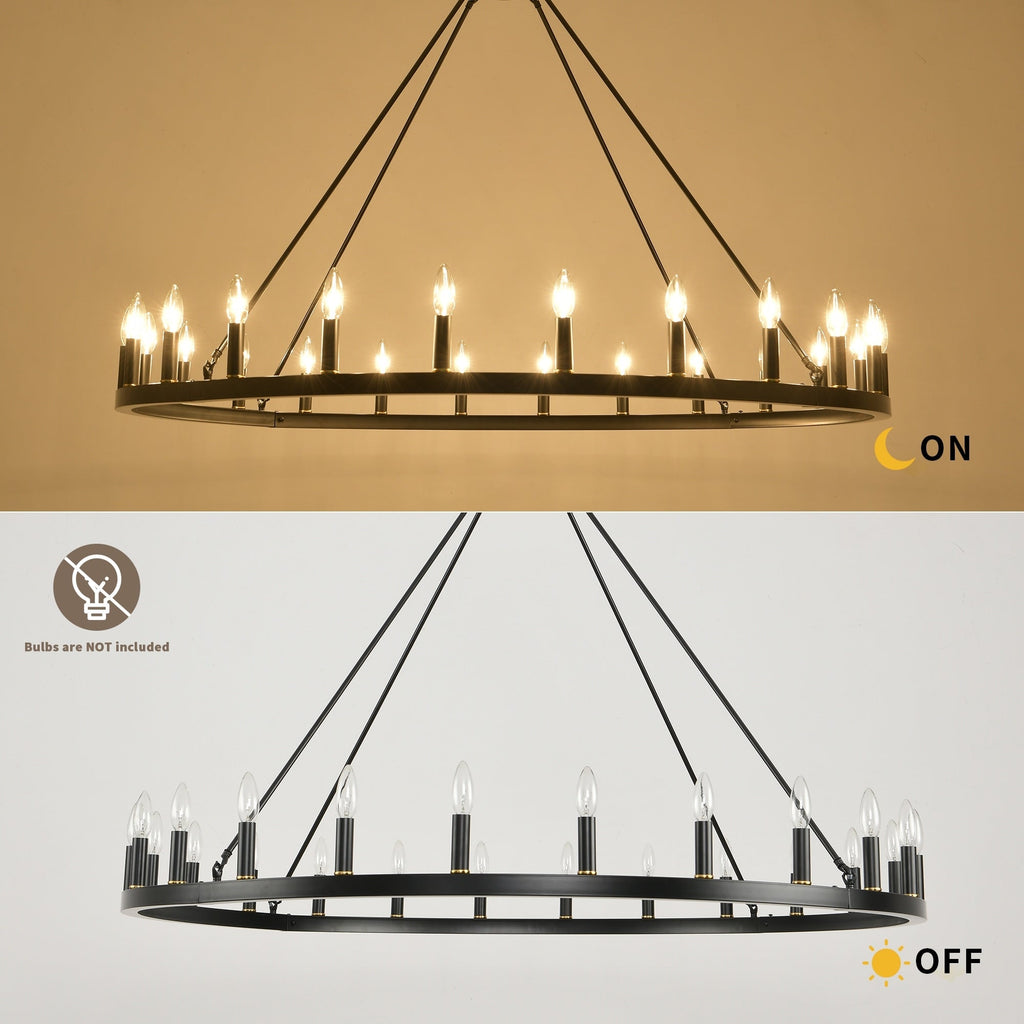 Lustre rond de 54 pouces en forme de roue de chariot avec 24 lumières
