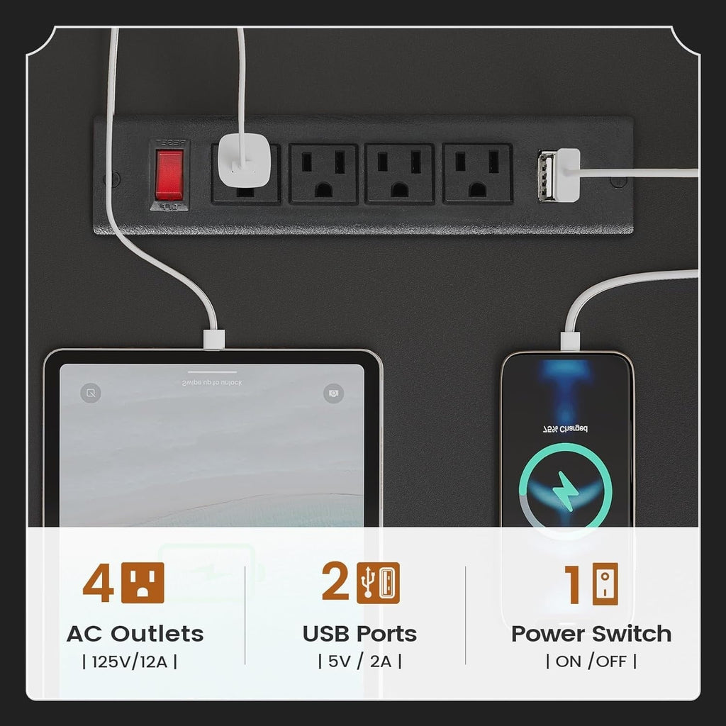 Bureau de direction de style campagnard, bureau à domicile avec tiroir pour dossiers suspendus, support pour écran, prise électrique