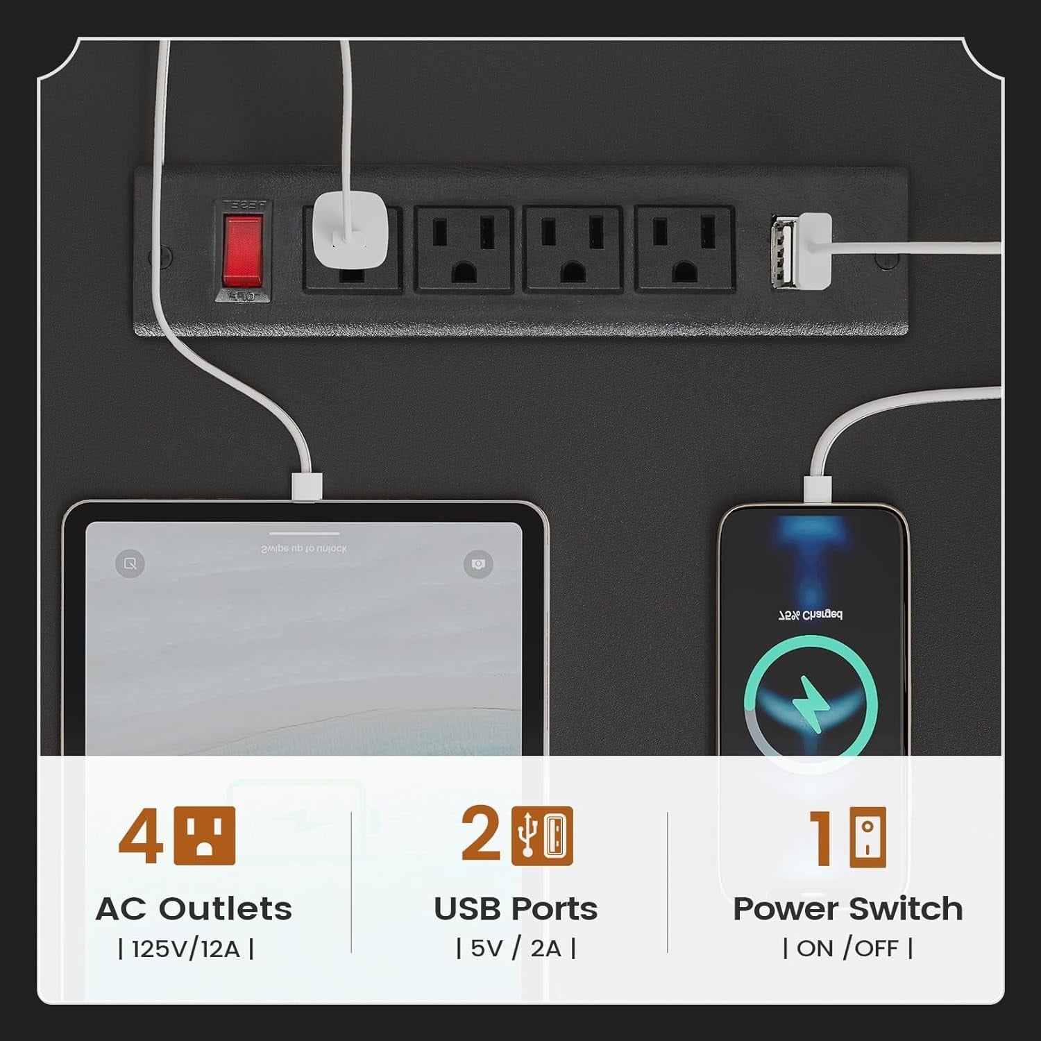Bureau de direction de style campagnard, bureau à domicile avec tiroir pour dossiers suspendus, support pour écran, prise électrique