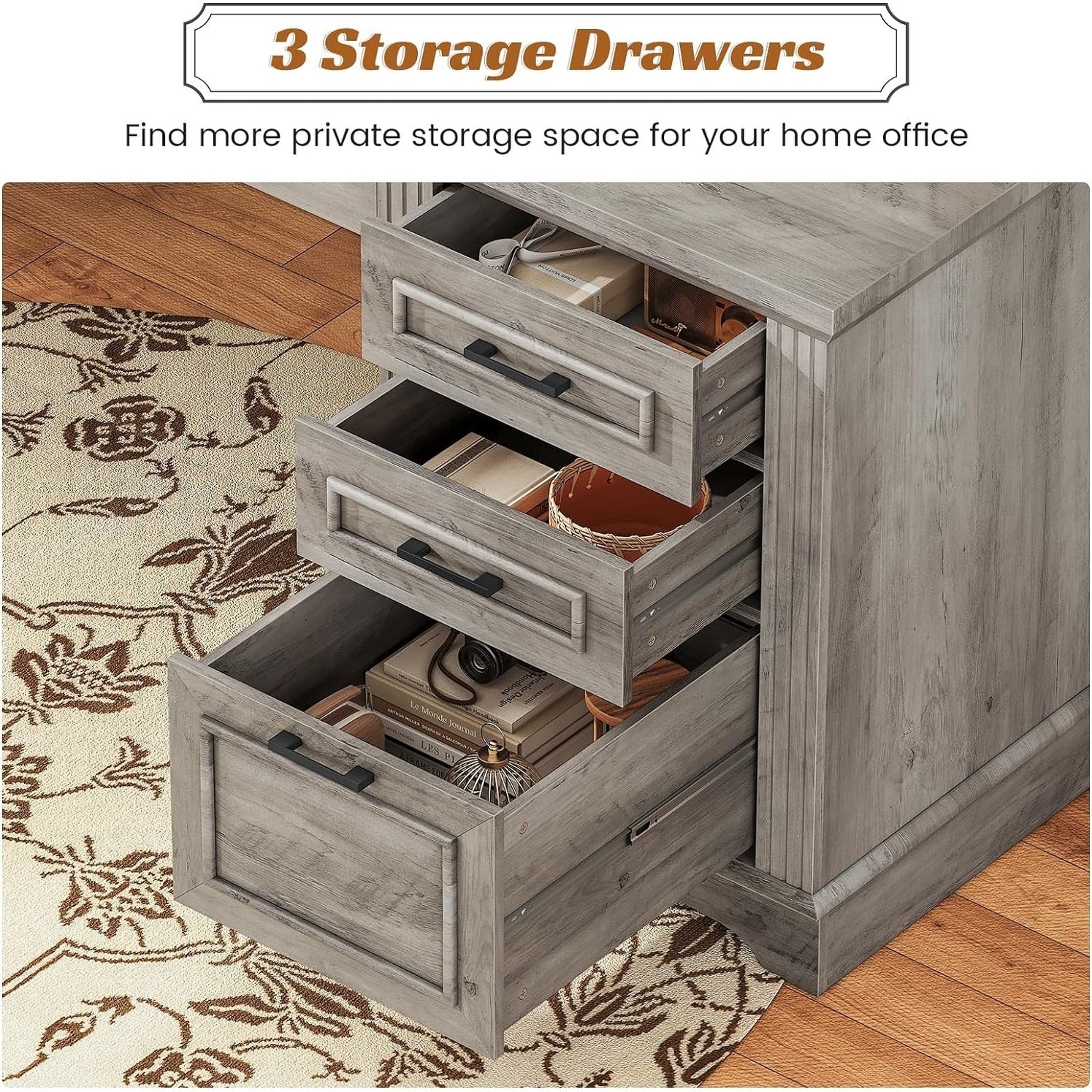 Bureau de direction de style campagnard, bureau à domicile avec tiroir pour dossiers suspendus, support pour écran, prise électrique