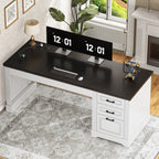 Bureau de direction de style campagnard, bureau à domicile avec tiroir pour dossiers suspendus, support pour écran, prise électrique