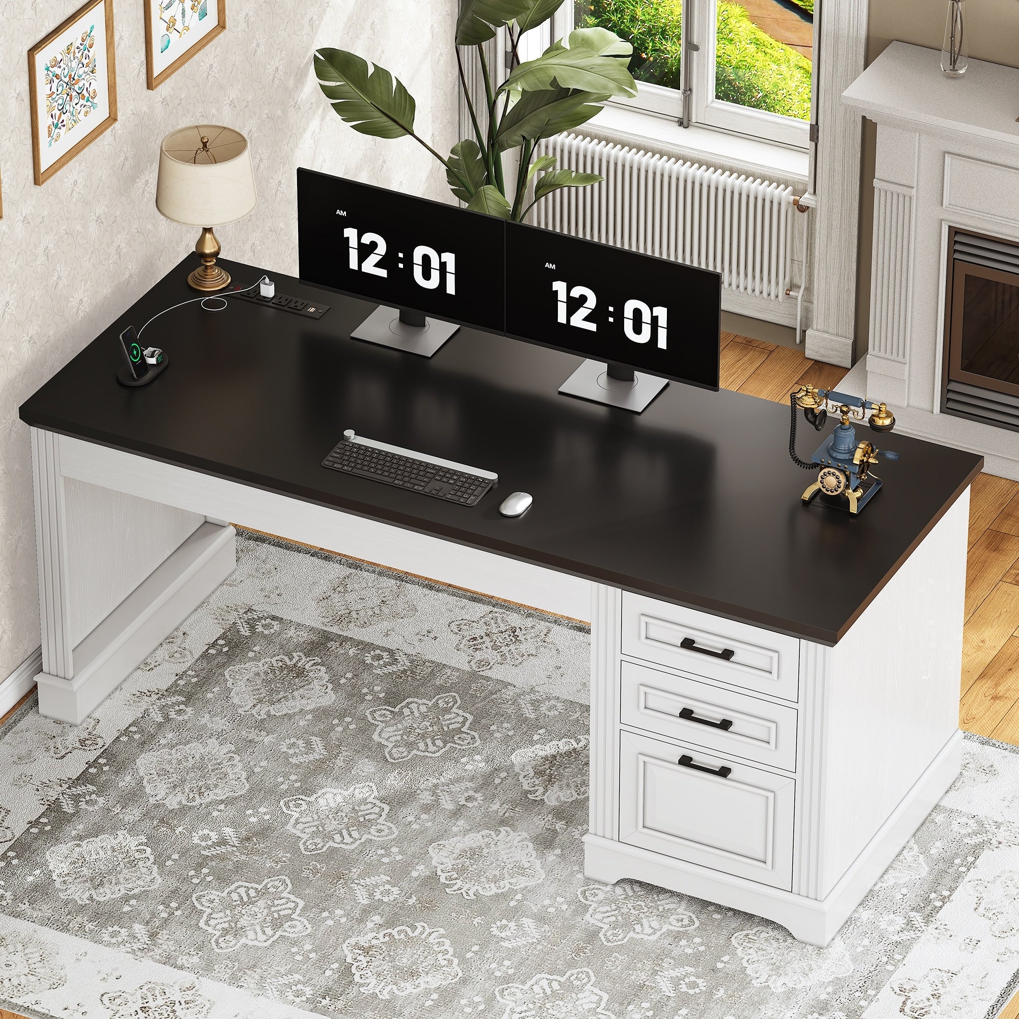 Bureau de direction de style campagnard, bureau à domicile avec tiroir pour dossiers suspendus, support pour écran, prise électrique