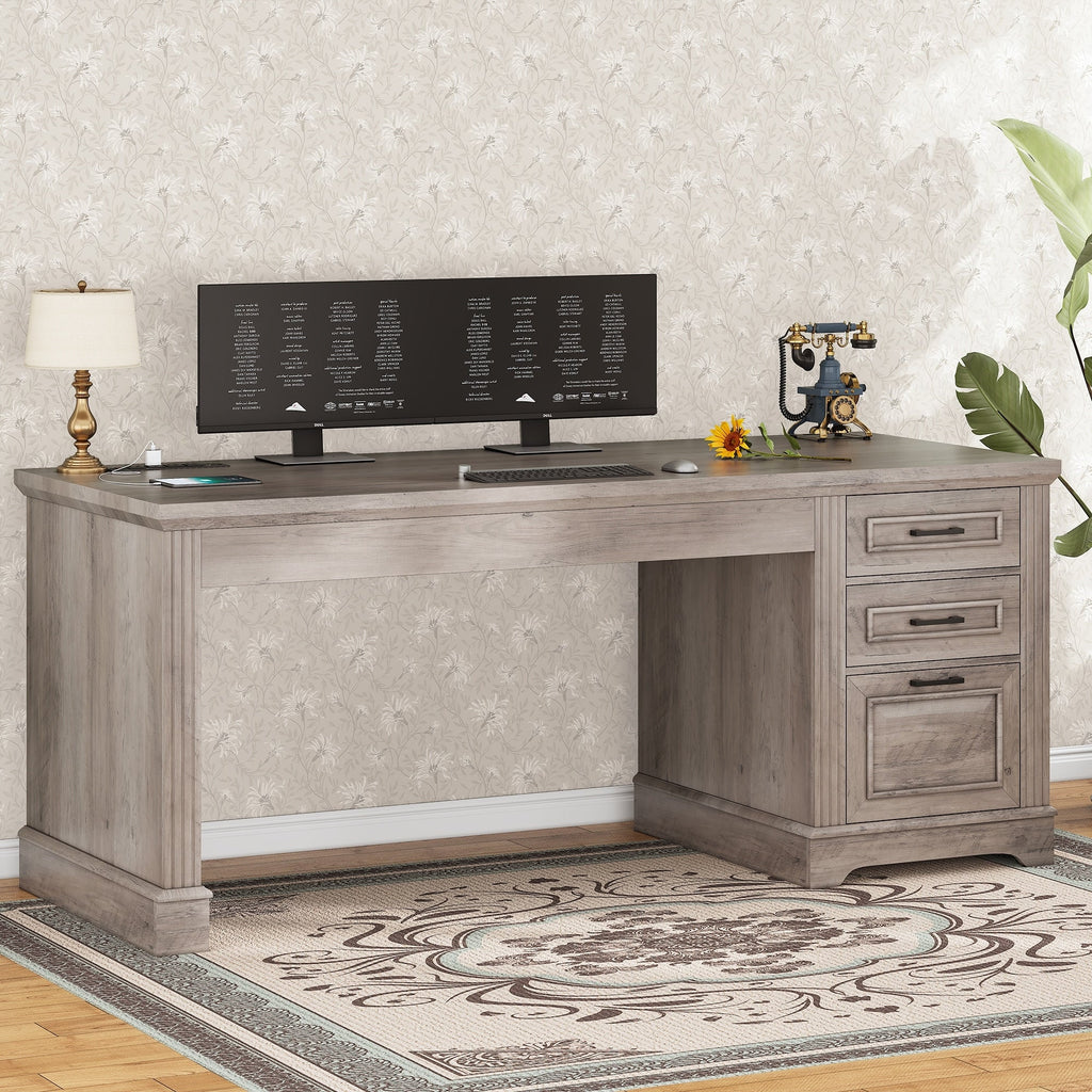 Bureau de direction de style campagnard, bureau à domicile avec tiroir pour dossiers suspendus, support pour écran, prise électrique