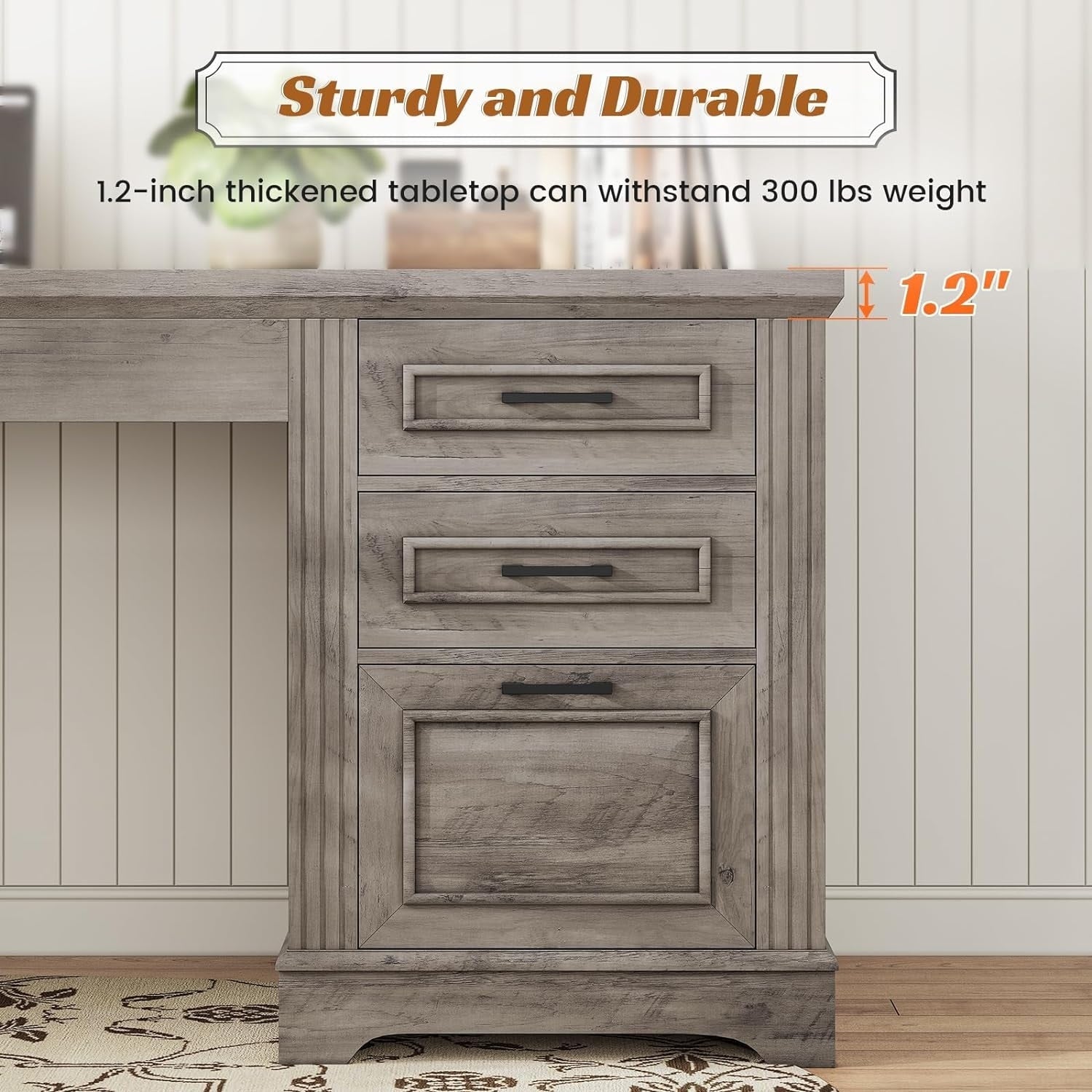 Bureau de direction de style campagnard, bureau à domicile avec tiroir pour dossiers suspendus, support pour écran, prise électrique