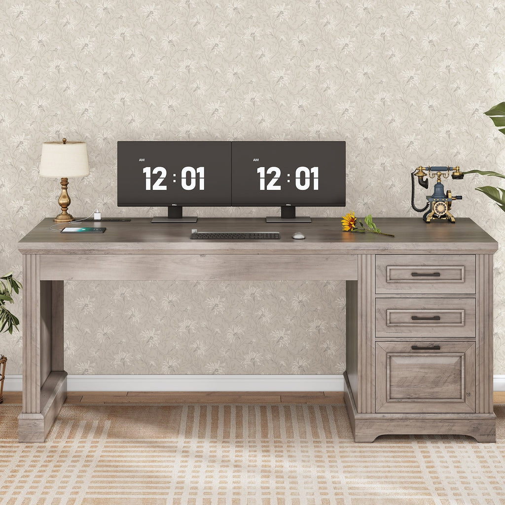 Bureau de direction de style campagnard, bureau à domicile avec tiroir pour dossiers suspendus, support pour écran, prise électrique