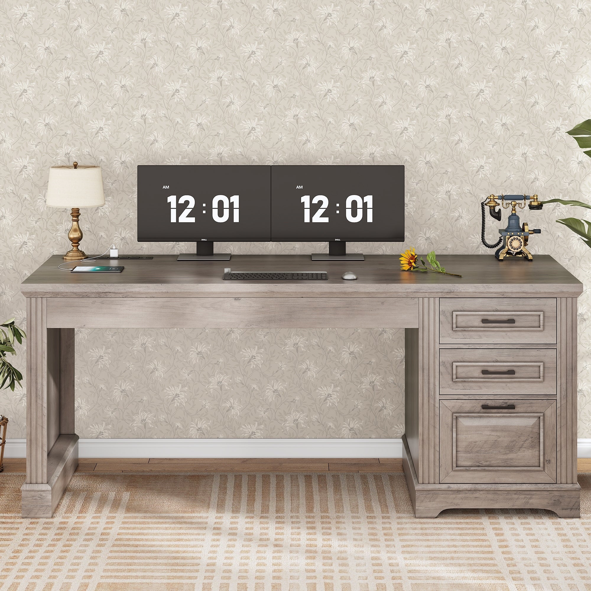 Bureau de direction de style campagnard, bureau à domicile avec tiroir pour dossiers suspendus, support pour écran, prise électrique