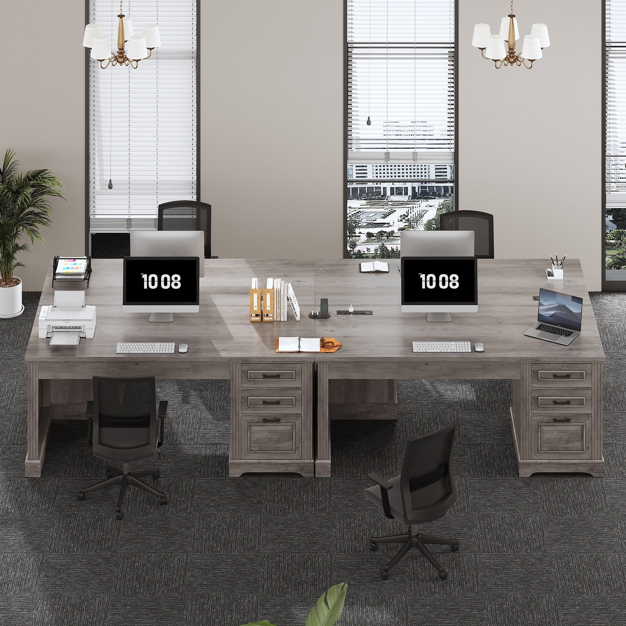 Bureau de direction de style campagnard, bureau à domicile avec tiroir pour dossiers suspendus, support pour écran, prise électrique