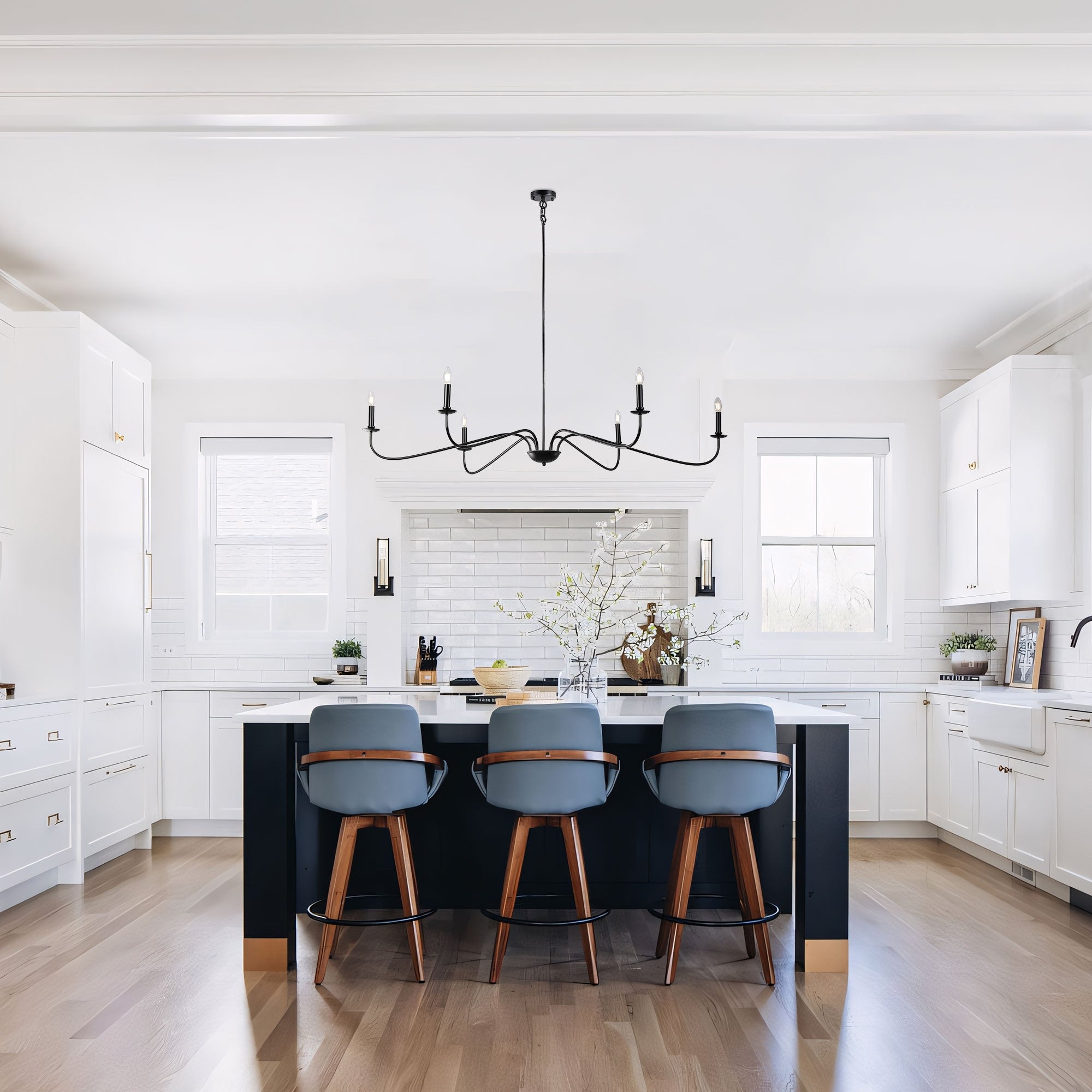 Lustre minimaliste à 6 lumières de 162,5 cm (64 pouces) en noir mat/or/chrome - Non disponible