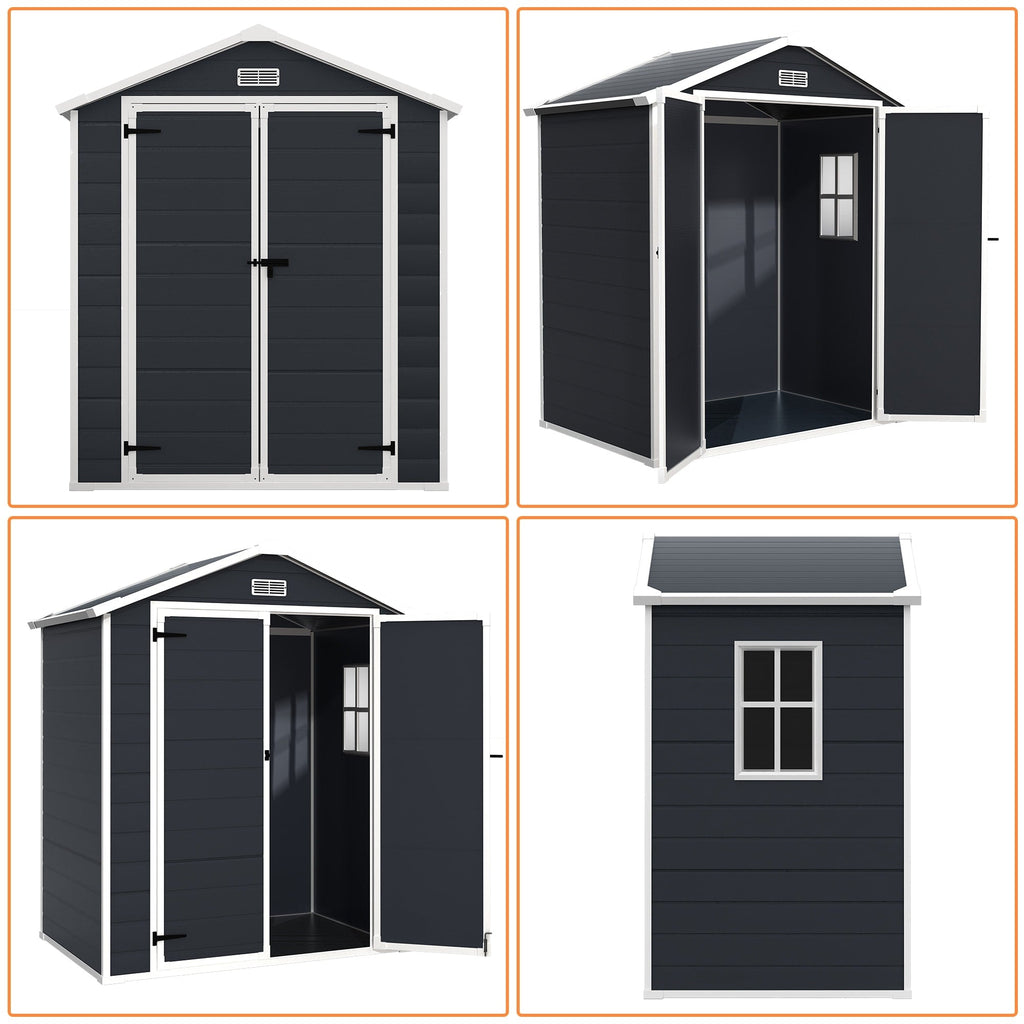 Abri de jardin en résine plastique tout temps avec plancher, dimensions : 1,83 m x 1,22 m / 1,83 m x 2,44 m / 2,44 m x 1,83 m / 2,44 m x 3,05 m.