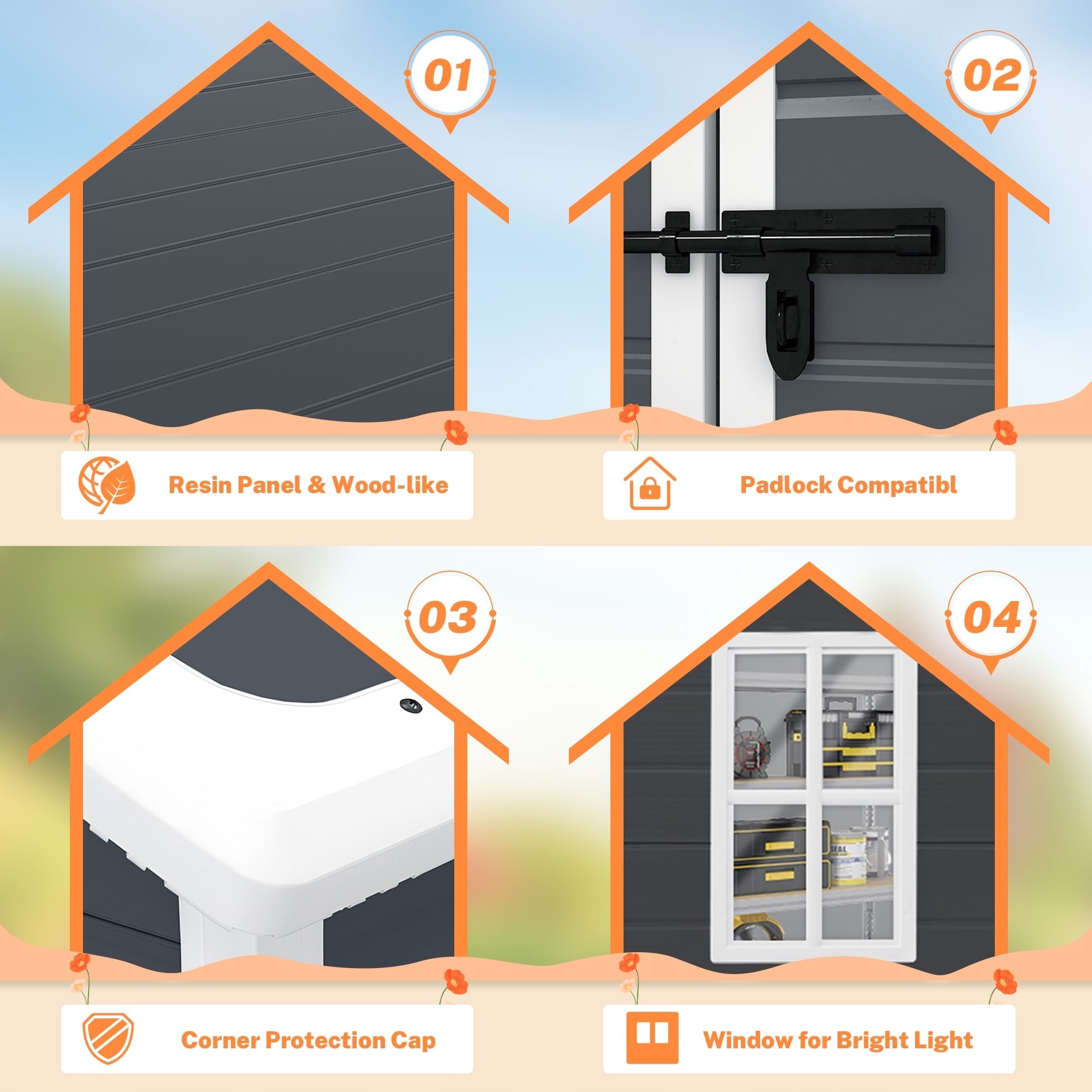 Abri de jardin en résine plastique tout temps avec plancher, dimensions : 1,83 m x 1,22 m / 1,83 m x 2,44 m / 2,44 m x 1,83 m / 2,44 m x 3,05 m.