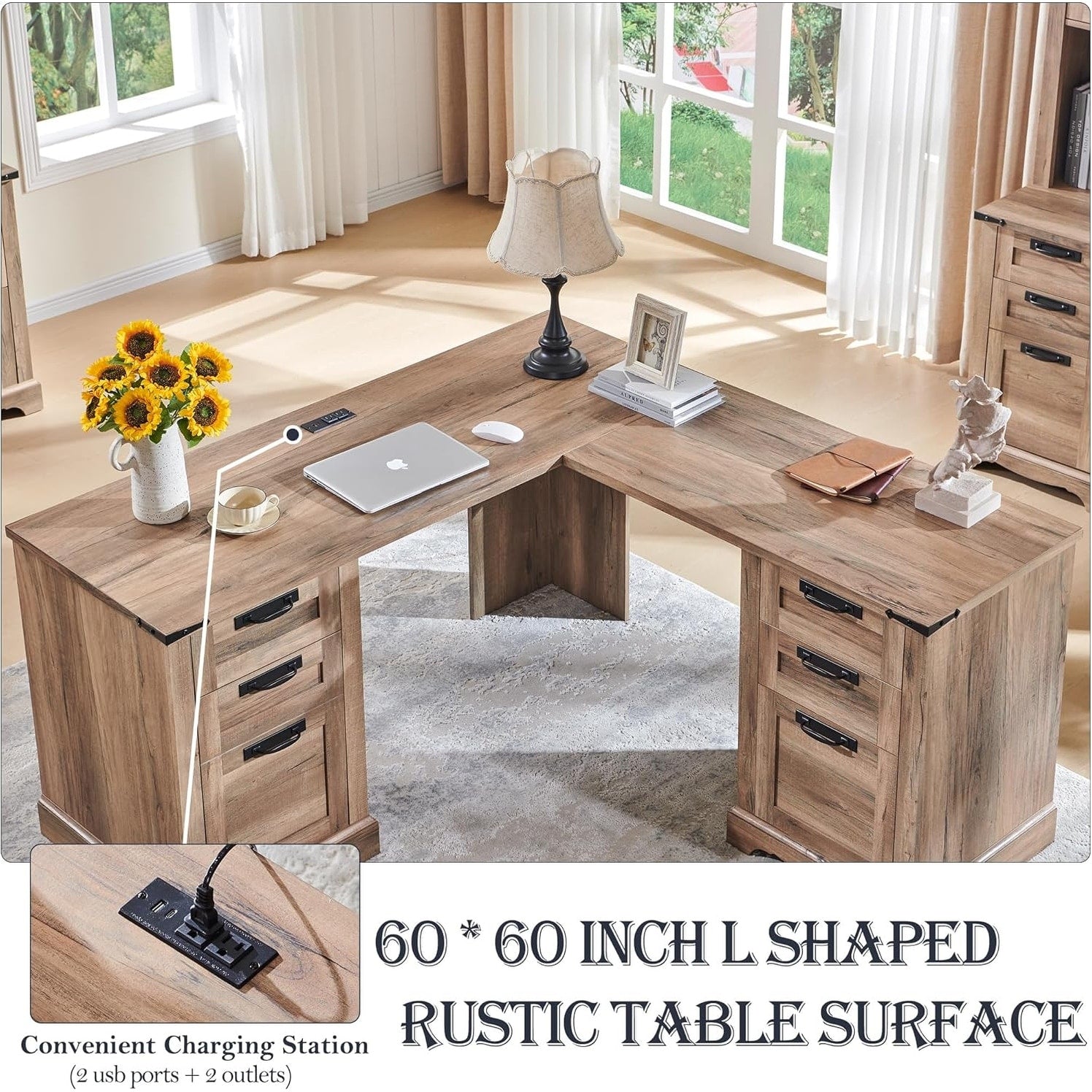 Bureau d'angle en bois style ferme, 60 pouces, pour ordinateur