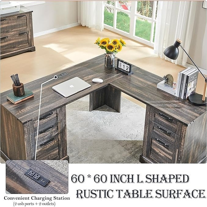 Bureau d'angle en bois style ferme, 60 pouces, pour ordinateur