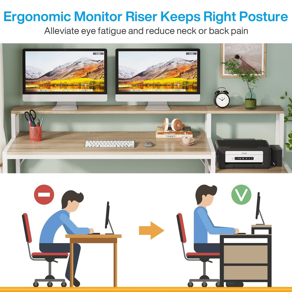 Bureau d'ordinateur 63 avec support pour écran, bureau ergonomique pour bureau à domicile avec tiroirs et classeur