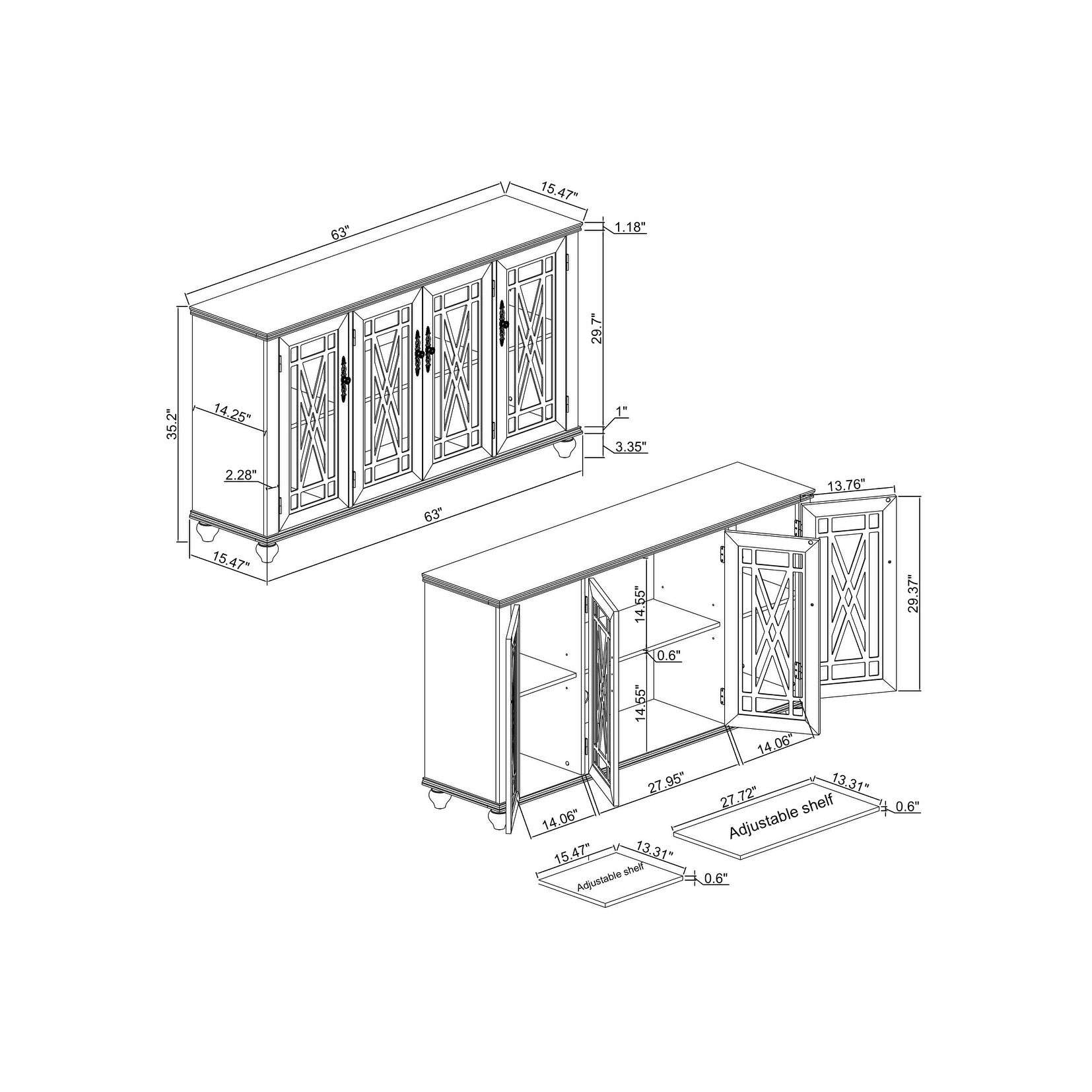 Buffet/meuble d'appoint de cuisine en bois de style vintage - Largeur : 63 pouces