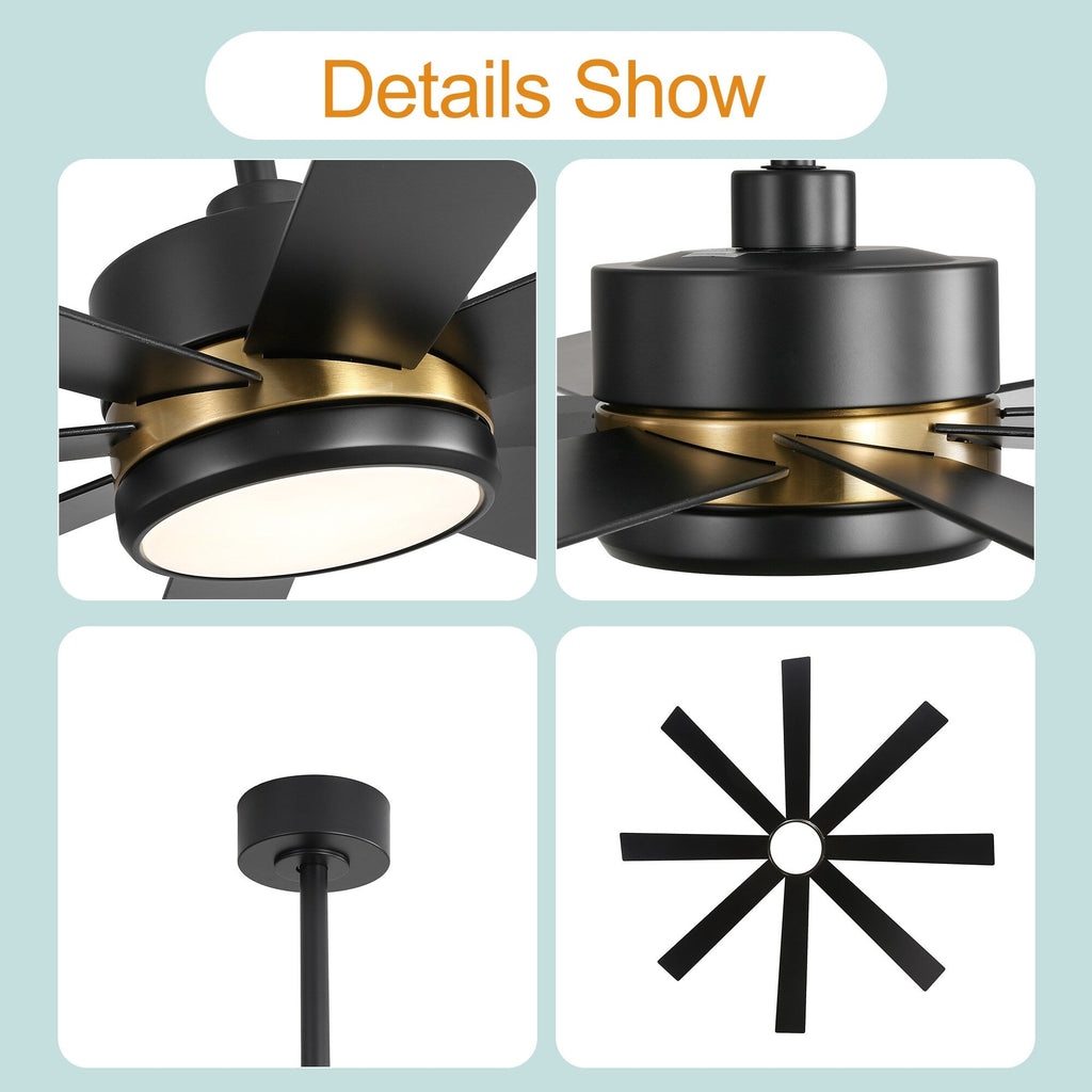 Ventilateur de plafond noir à 8 pales de 65 pouces avec éclairage LED et télécommande