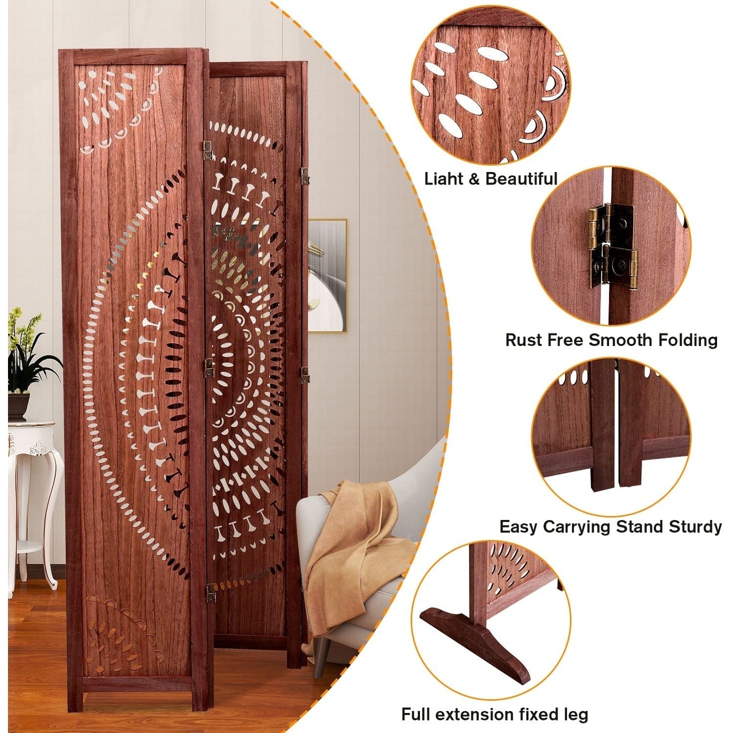 Paravent pliant en bois massif de 65 pouces de haut