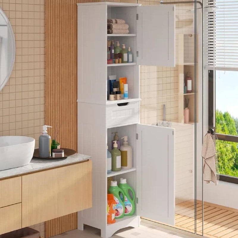 Armoire à linge étroite de salle de bain de 170 cm de haut, 5 niveaux, en bois massif, meuble de rangement autoportant