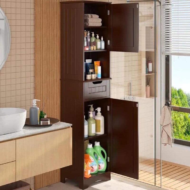 Armoire à linge étroite de salle de bain de 170 cm de haut, 5 niveaux, en bois massif, meuble de rangement autoportant