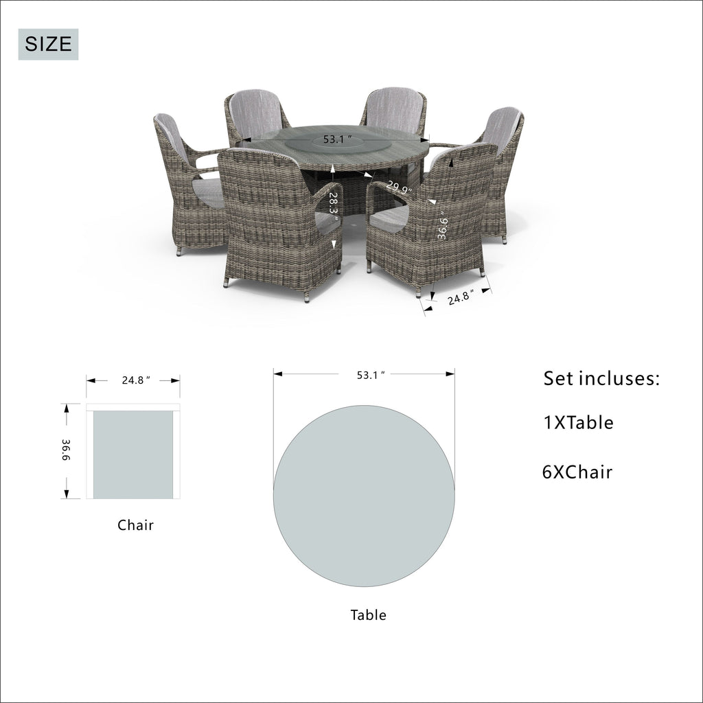 7 Pieces Outdoor Rattan Wicker Patio Round Dining Set with Cushions by Moda Furnishings