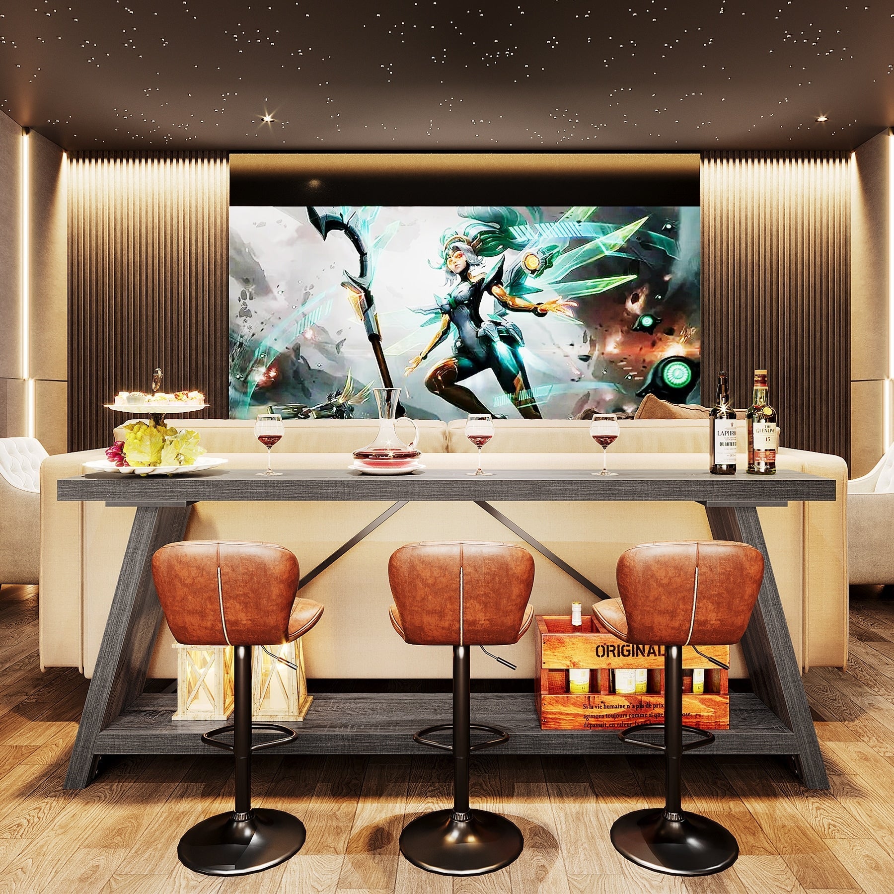 Console/table basse rustique en bois de 180 cm de long avec étagère de rangement