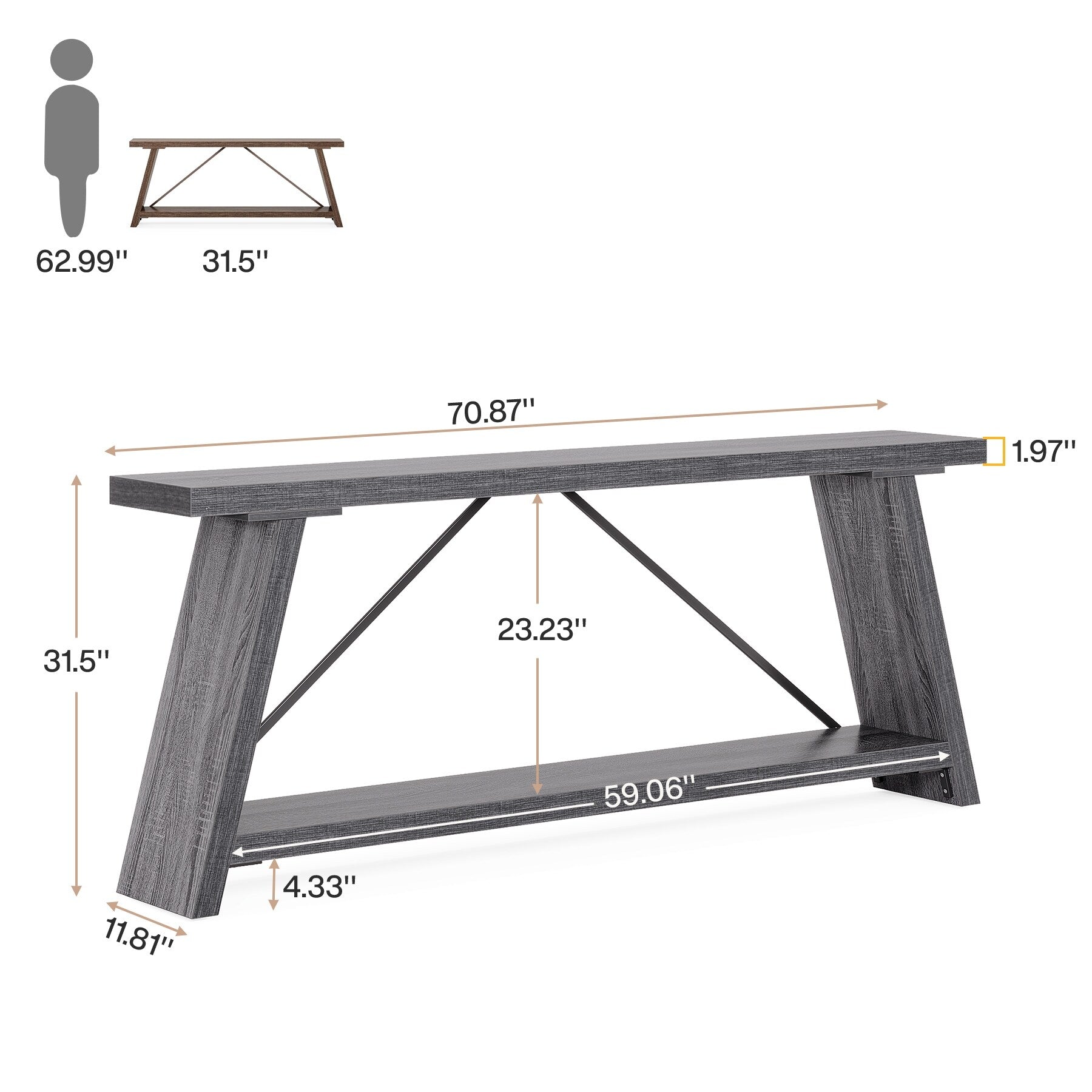 Console/table basse rustique en bois de 180 cm de long avec étagère de rangement