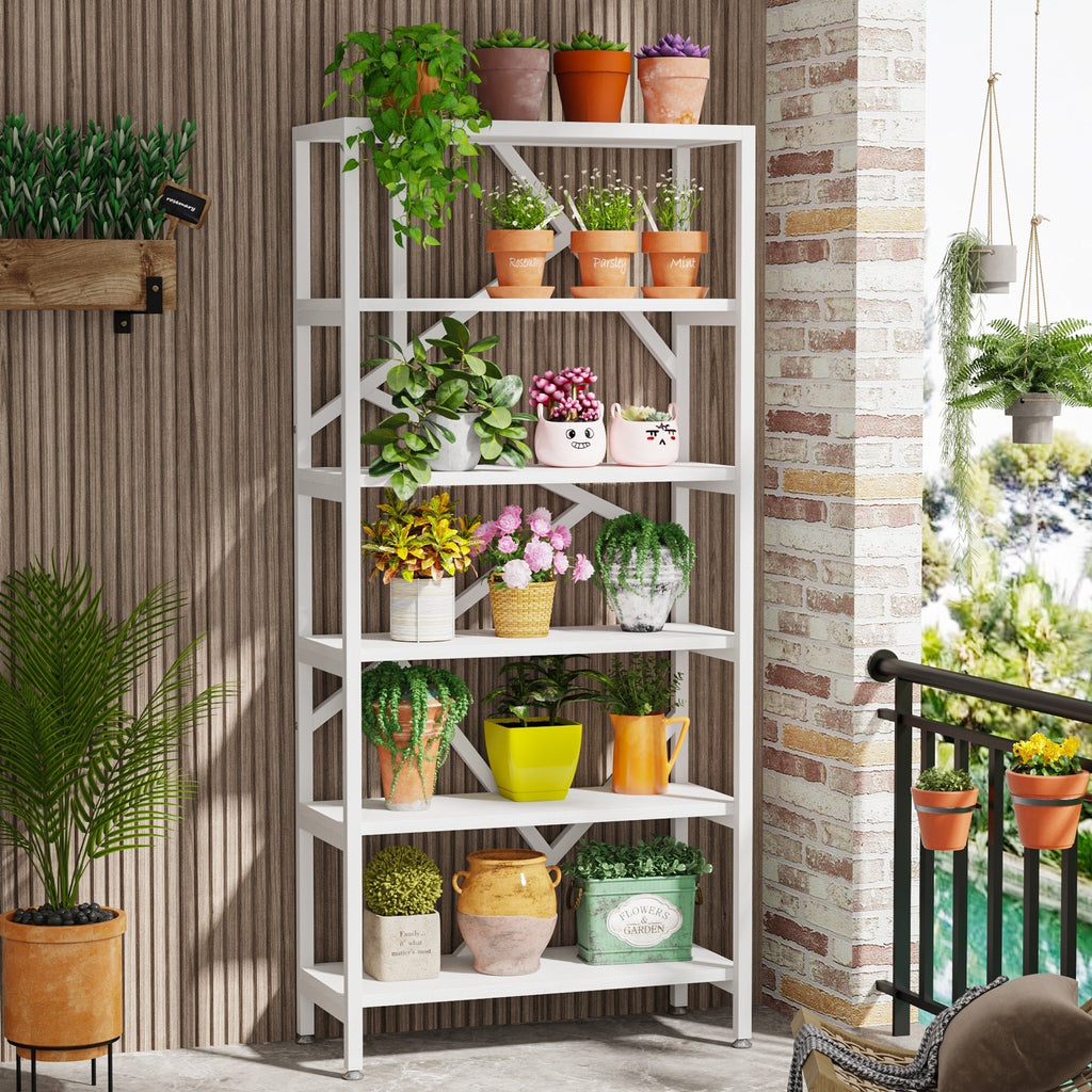 Bibliothèque industrielle 71, étagère à 6 niveaux en bois brun rustique, étagères ouvertes