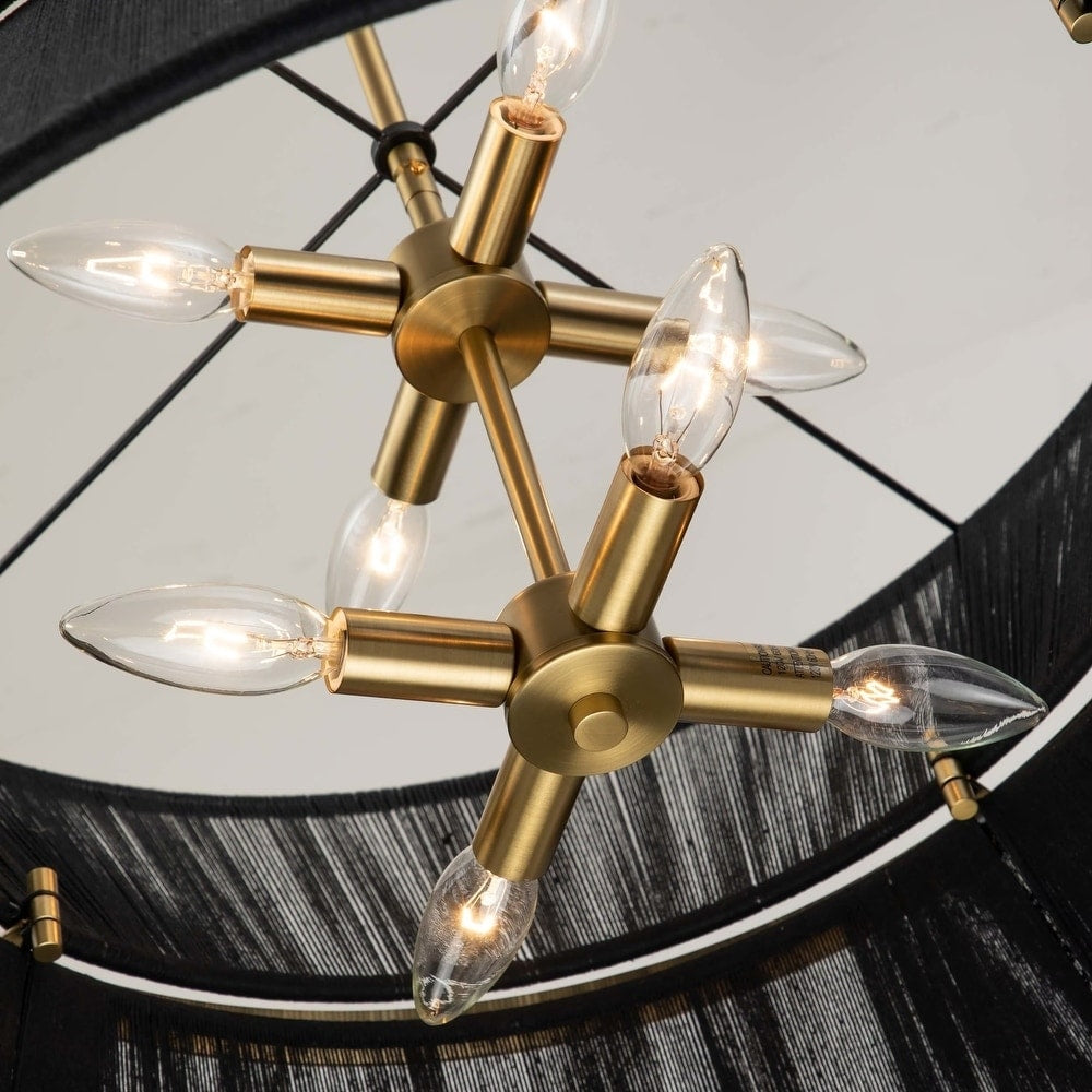 Lustre tambour moderne bohème à 8 lumières, grand modèle de 61 cm (24 pouces), en tissu tissé à la main, forme sablier, coloris or/noir, idéal pour salle à manger/salon.