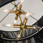 Lustre tambour moderne bohème à 8 lumières, grand modèle de 61 cm (24 pouces), en tissu tissé à la main, forme sablier, coloris or/noir, idéal pour salle à manger/salon.