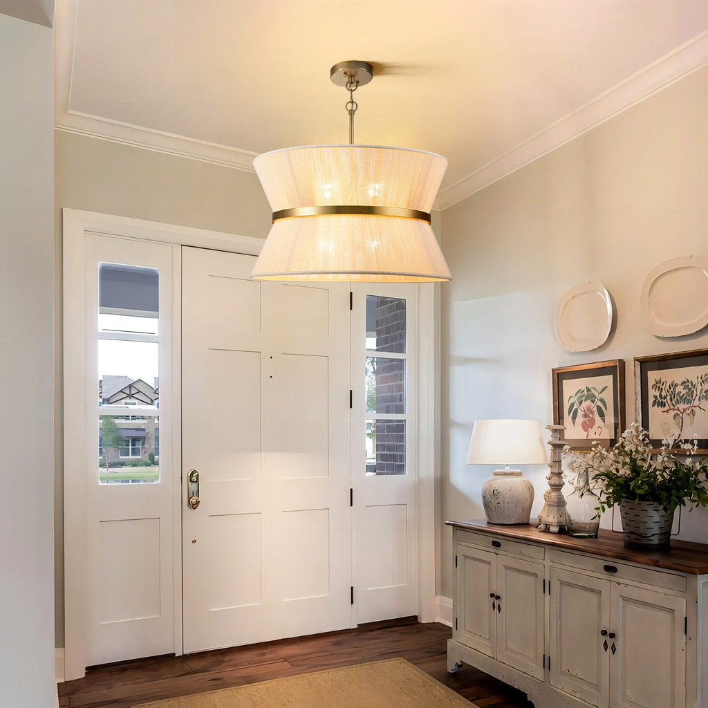 Lustre tambour moderne bohème à 8 lumières, grand modèle de 61 cm (24 pouces), en tissu tissé à la main, forme sablier, coloris or/noir, idéal pour salle à manger/salon.