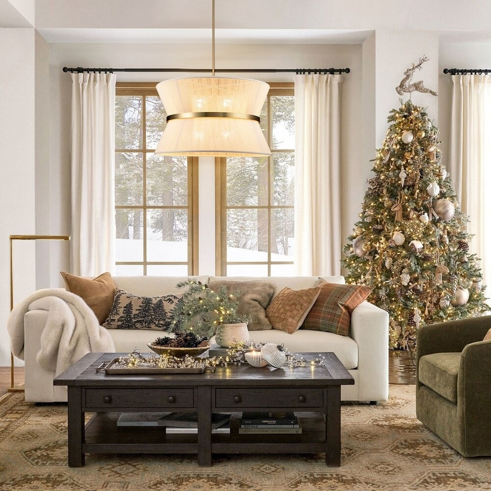 Lustre tambour moderne bohème à 8 lumières, grand modèle de 61 cm (24 pouces), en tissu tissé à la main, forme sablier, coloris or/noir, idéal pour salle à manger/salon.