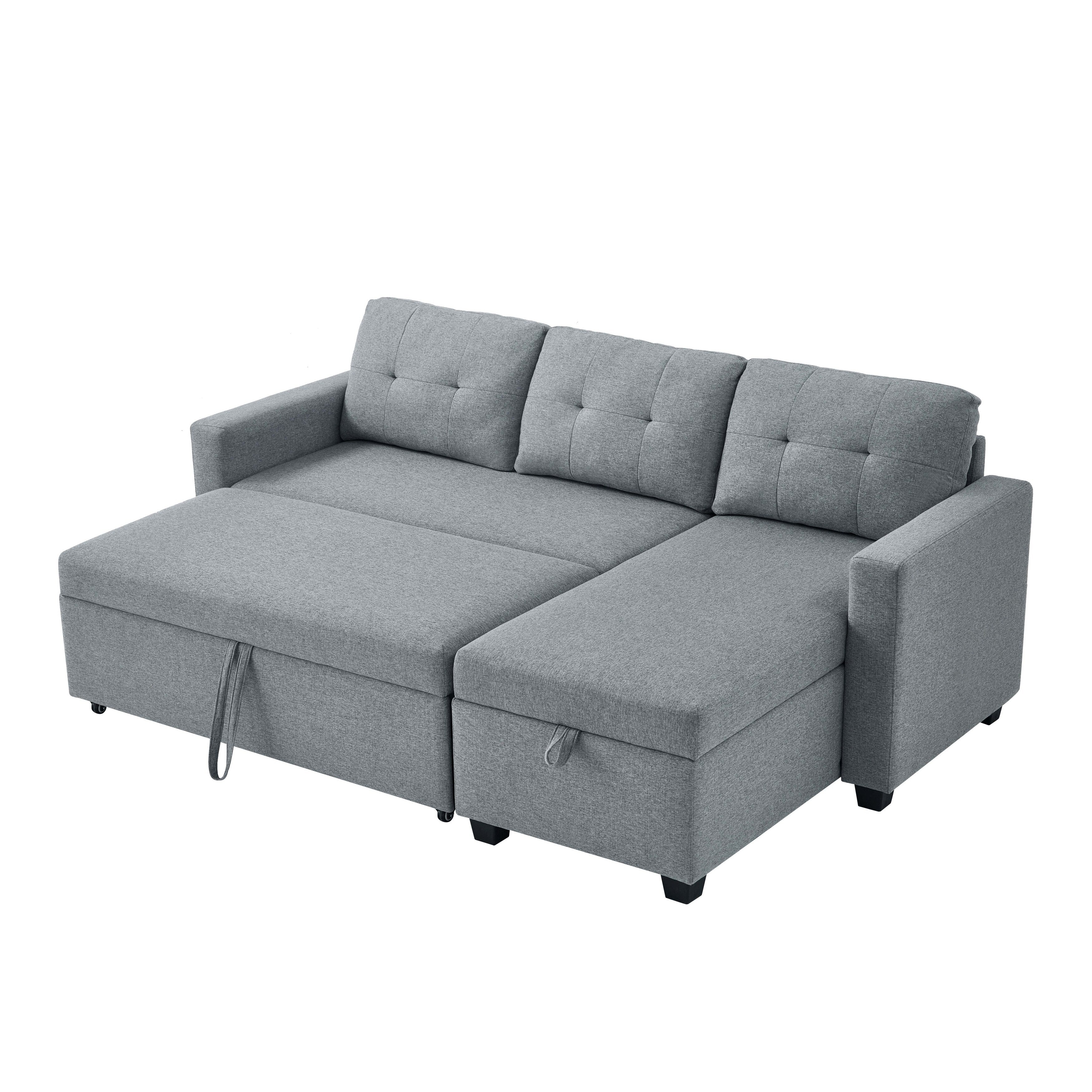 81.5'' Upholstered Convertible 3 Seater Sleeper Sofa with Pull-Out Bed, Reversible Storage Chaise, and Back Cushions