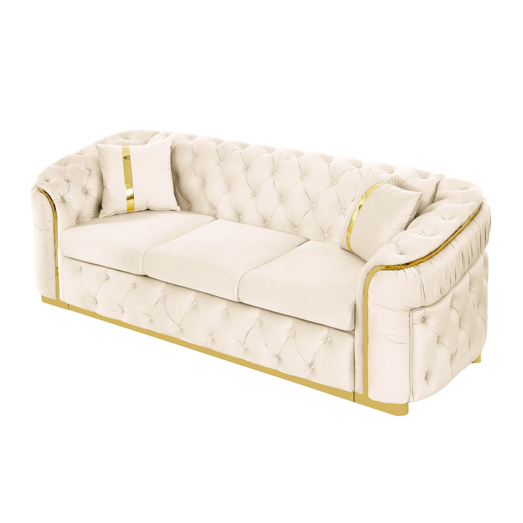 90.6 Velvet 3-Seater Sofa with 2 Pillows High-Density Cushions, Gold Accents, and Pillows