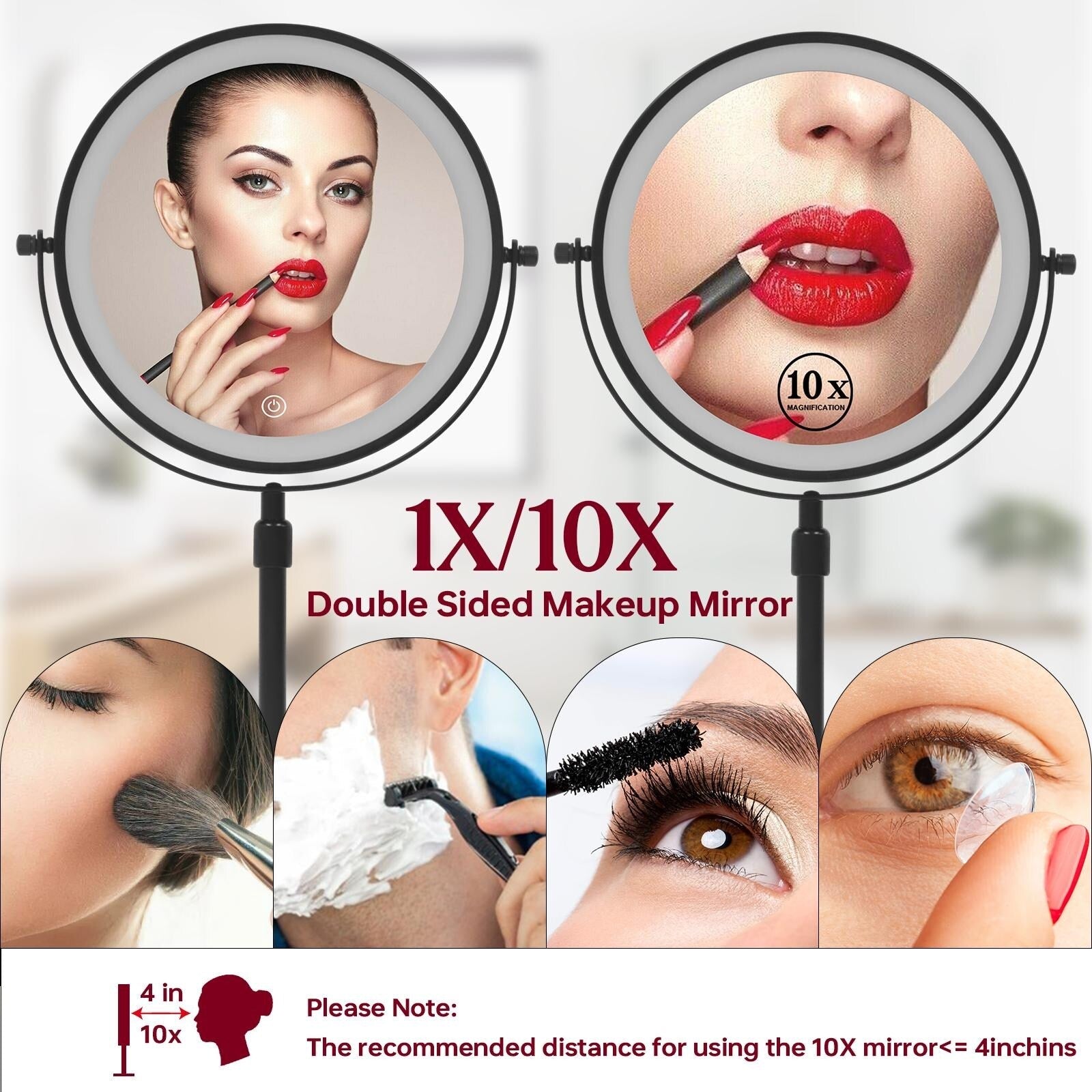 Miroir de maquillage lumineux à 9 LED, miroir grossissant double face avec grossissement 1x/10x, 3 couleurs d'éclairage