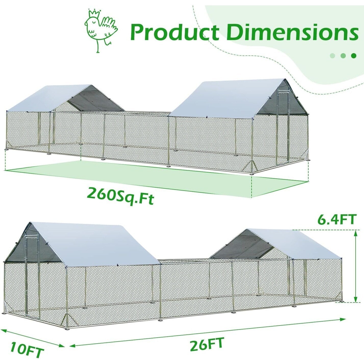 AECOJOY Grand poulailler métallique avec enclos et cage à poules accessibles à pied