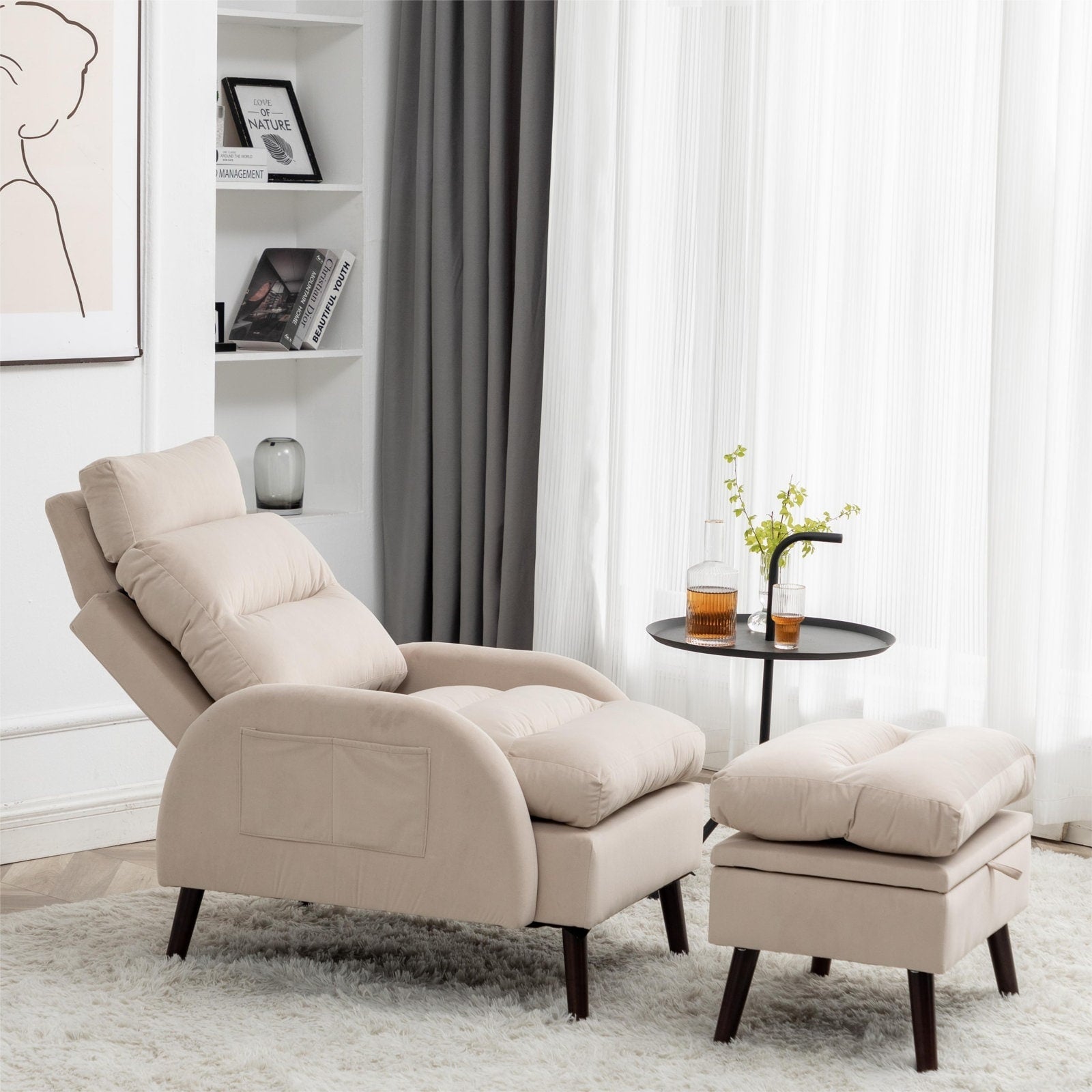 Fauteuil lounge HOMYKA avec dossier réglable et pouf de rangement