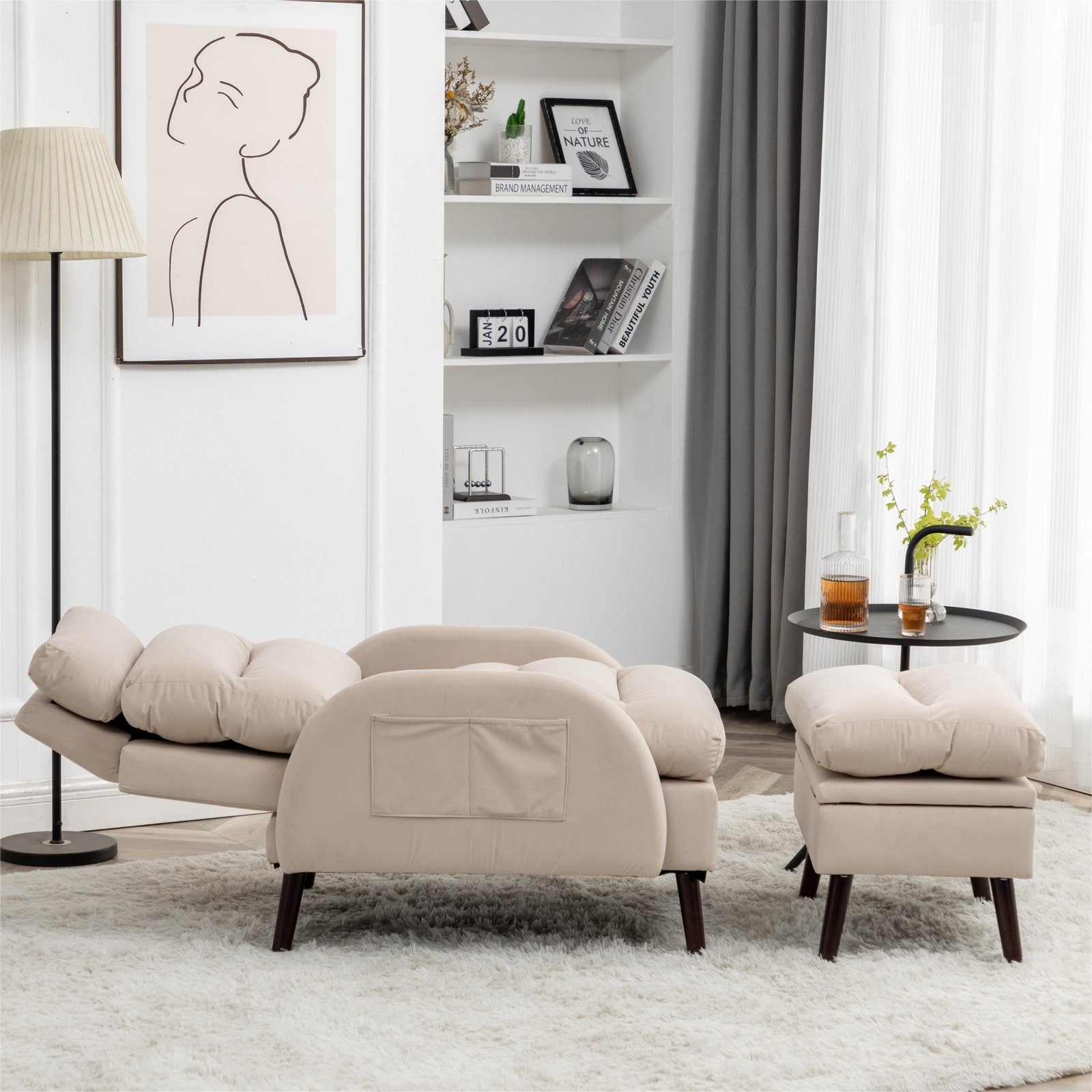 Fauteuil lounge HOMYKA avec dossier réglable et pouf de rangement