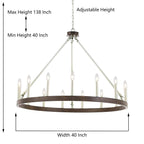 Lustre Acroma style ferme à 12 lumières, forme roue de chariot, 101,6 cm (40 po), homologué UL - 101,6 cm (40 po) de profondeur x 350 cm (138 po) de hauteur