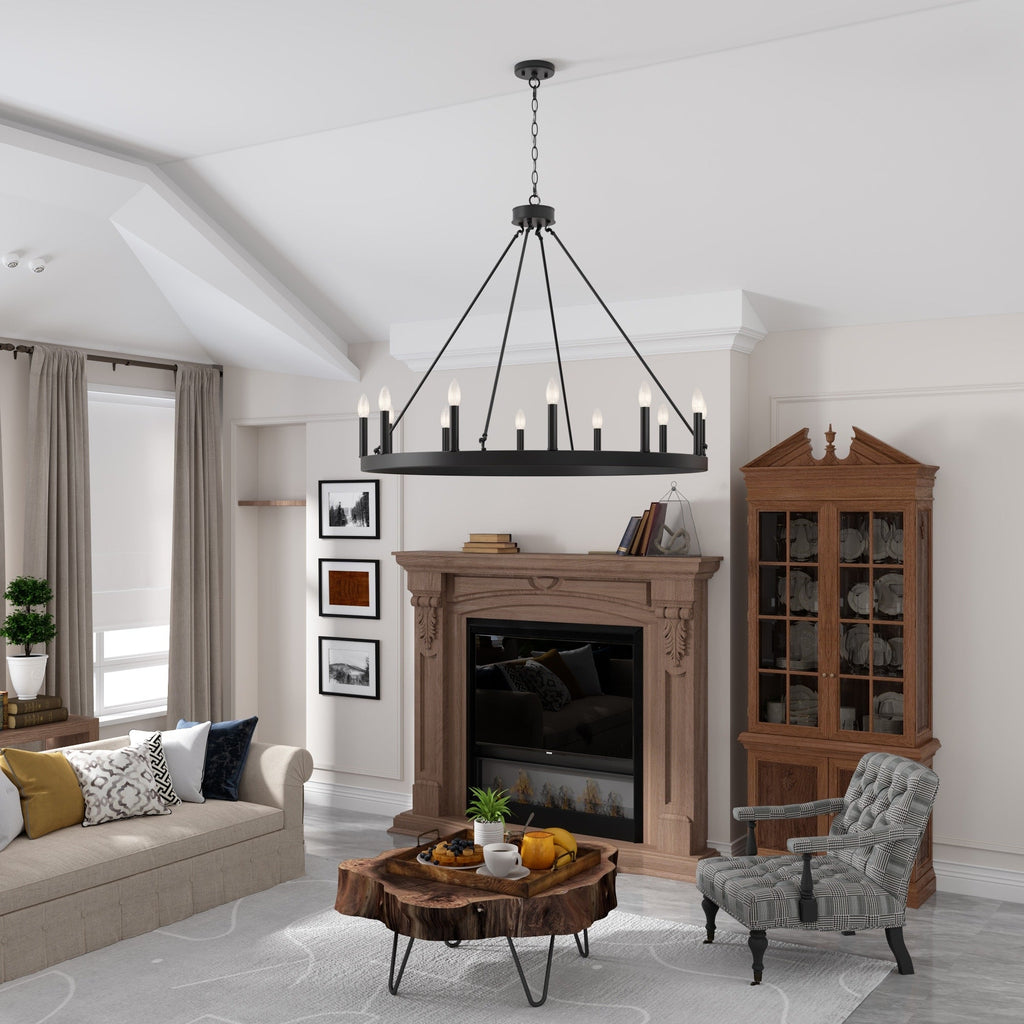 Lustre Acroma style ferme à 12 lumières, forme roue de chariot, 101,6 cm (40 po), homologué UL - 101,6 cm (40 po) de profondeur x 350 cm (138 po) de hauteur