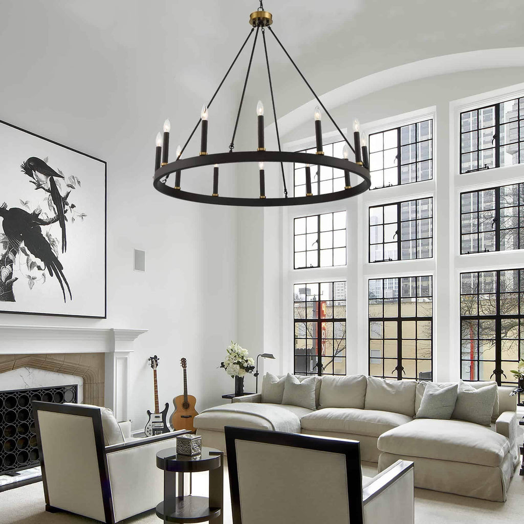 Lustre Acroma style ferme à 12 lumières, forme roue de chariot, 101,6 cm (40 po), homologué UL - 101,6 cm (40 po) de profondeur x 350 cm (138 po) de hauteur